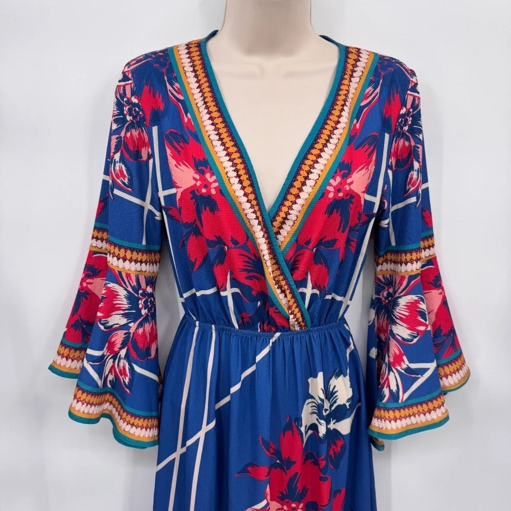 Flying Tomato Festival Maxi Dress XS Blue Floral Print Flare Sleeve Polyester - Picture 3 of 12